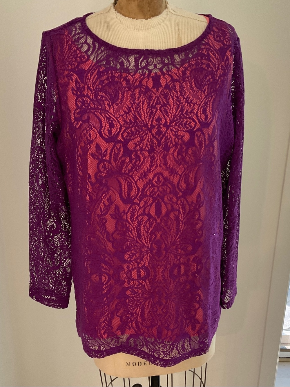 Susan Graver Purple Lace Long-Sleeve overshirt with orange camisole underneath